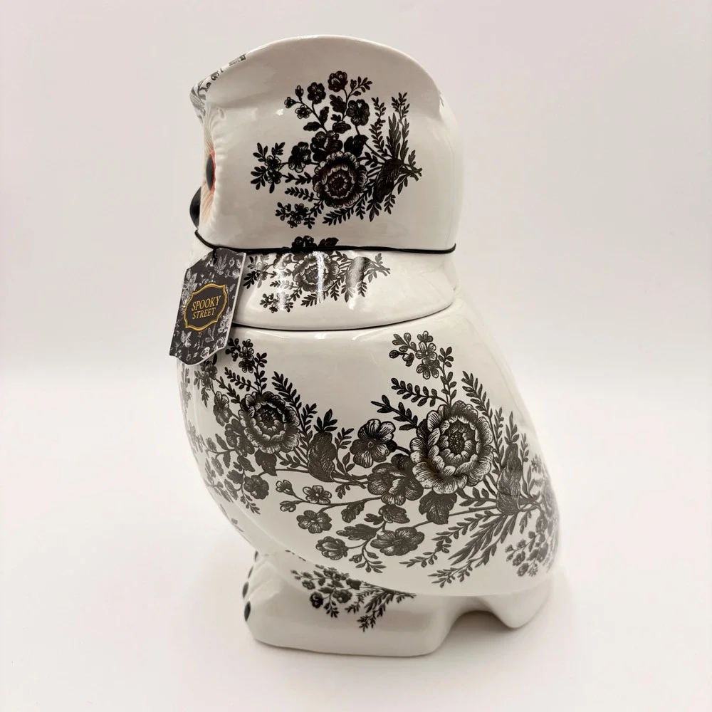 Spooky Street Owl Cookie Jar White Black Floral Toile Ceramic 78oz Halloween New